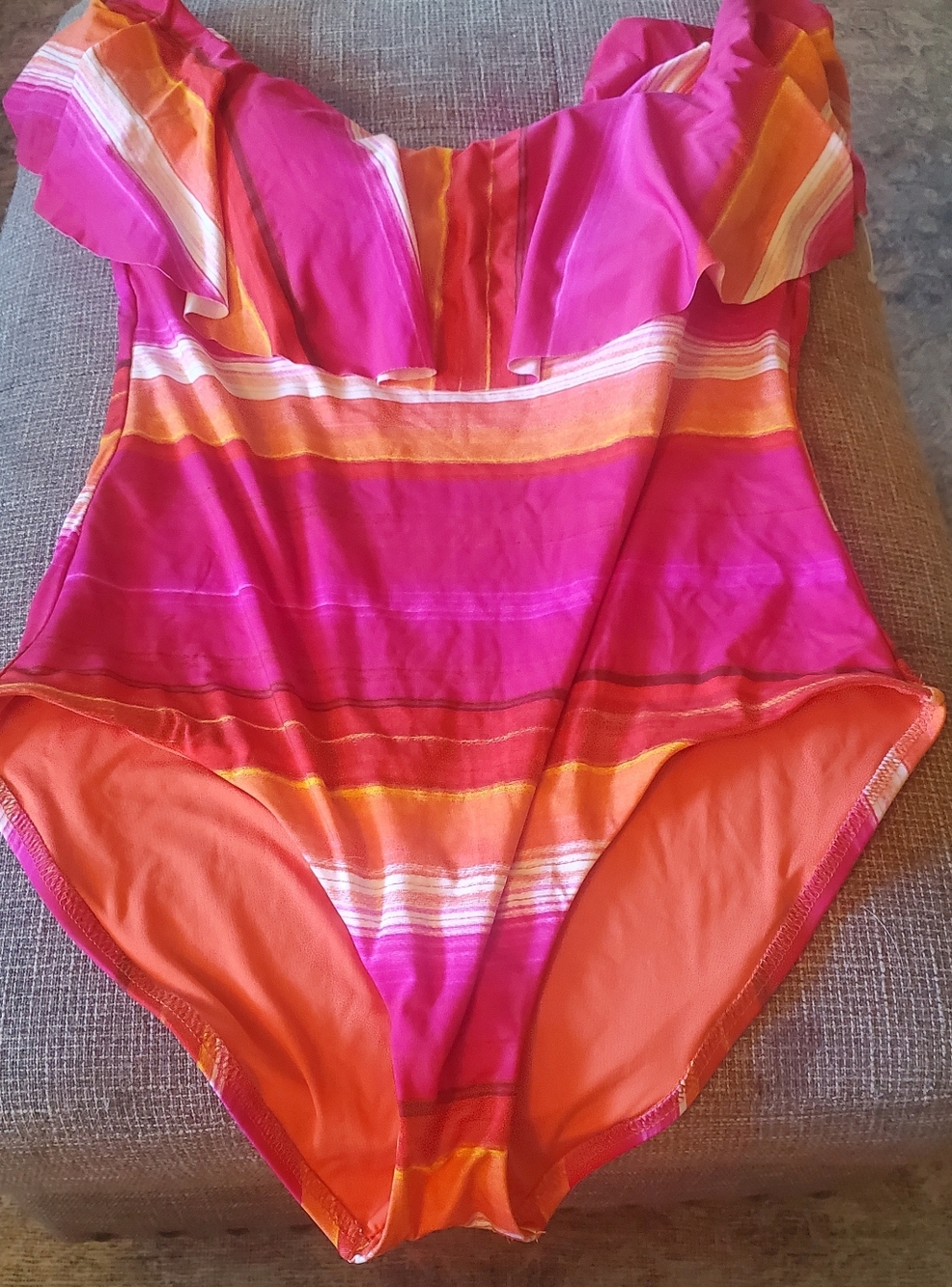 Trina Turk Orange & Pink Ruffle One-Piece Sz 12 Off Shoulder